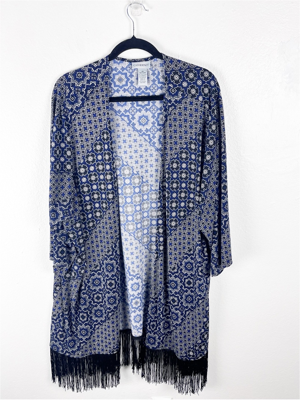 CATHERINES Mixed Prints Fringe Trim Open Front Cardigan, Size 4X Boho Western